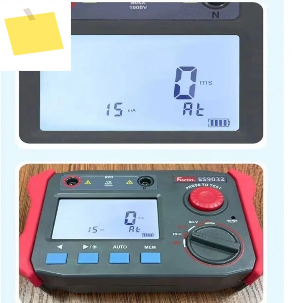 ES9032 누설 스위치 테스터 잔류 전류 작동 보호 장치 15 ~ 500mA 10개 기어 DC 1000V 동작 시간 범위 999ms 제품 이미지