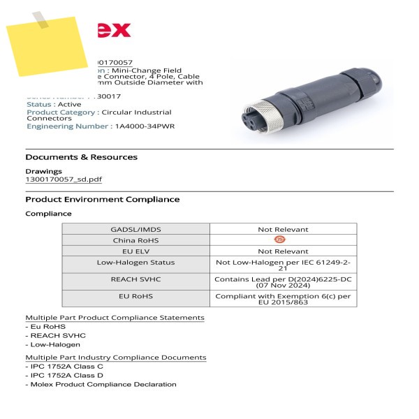1R4000A39M005 1300130299 Molex 원형 커넥터 신규 및 기존 제품 이미지