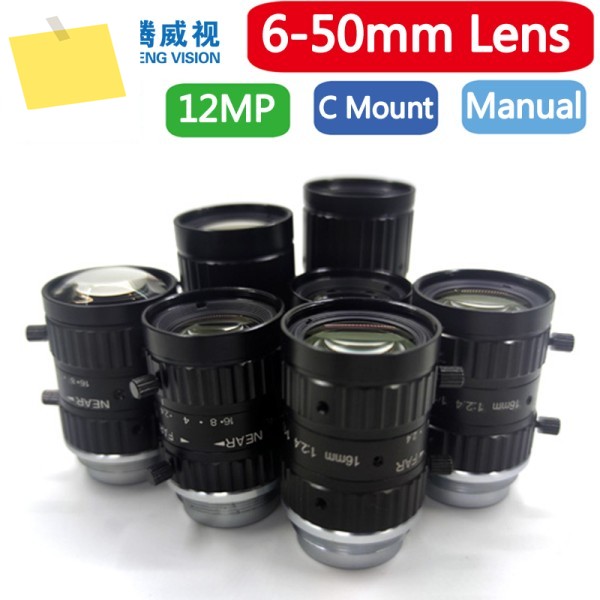 HD 12MP 수동 고정 초점 11.7 인치 산업용 카메라 머신 비전 렌즈 C 마운트, 경량 6mm 제품 이미지