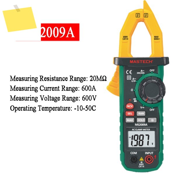 MASTECH MS2009A 멀티미터 자동 범위 조정 전류 디지털 클램프 비접촉 전압 감지기 커패시턴스 테스터 제품 이미지
