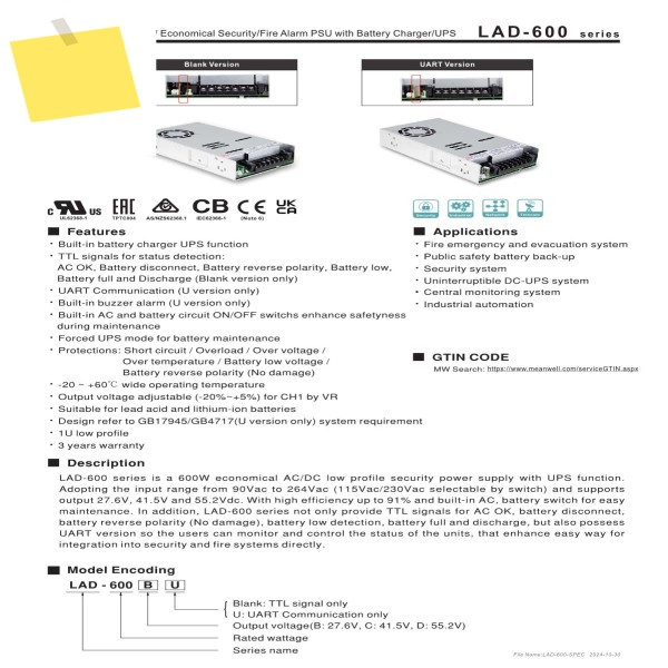 MEAN WELL 600W 경제적인 보안화재 경보기 전원 공급 장치 배터리 충전기UPS LAD-600C 제품 이미지