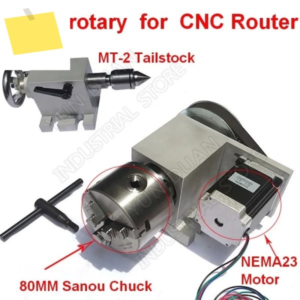 목재 CNC 밀링 라우터용 A축 연장 로터리 및 Nema23 스텝퍼 모터, 3 조 80mm 척 MT2 테일스톡, 4 회전 제품 이미지
