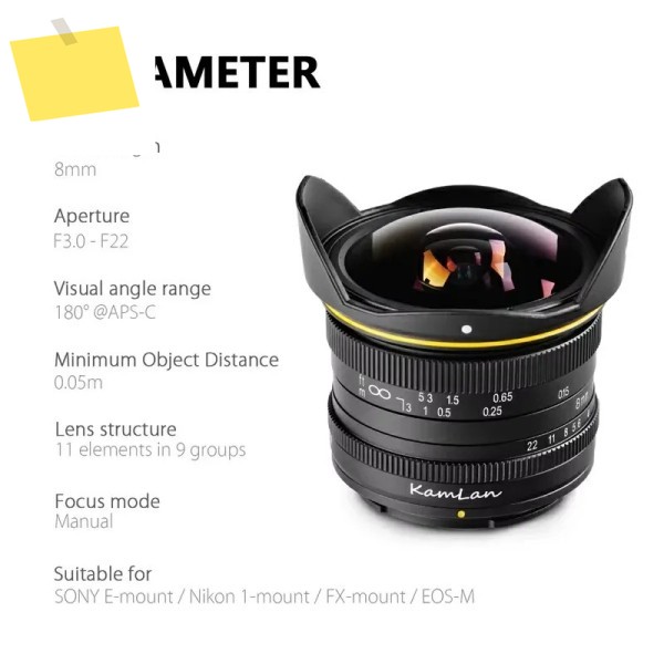 Kamlan 8mm F3.0 APS-C 광각 고정 초점 순수 수동 렌즈 Canon Fuji Macro 43 용 미러리스 카메라 제품 이미지