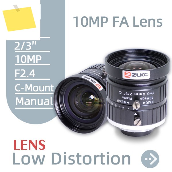 ZLKC 수동 조리개 C 마운트, 광각 카메라 렌즈, 머신 비전, 6mm FA 10MP, 23 인치 F2.4, 메가픽셀 제품 이미지