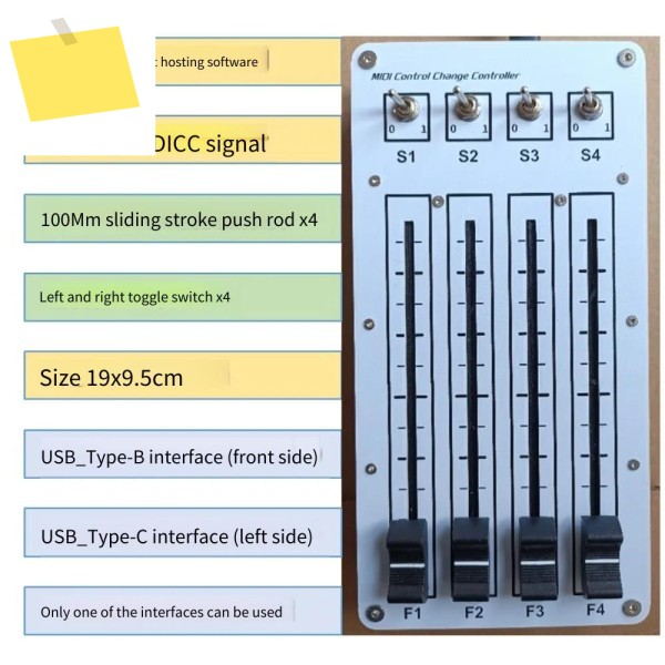 4푸시 스위치 100mm 슬라이딩 페이더 컴퓨터 음악 호스트 소프트웨어 USB 인터페이스 MIDI CC 컨트롤러 제품 이미지