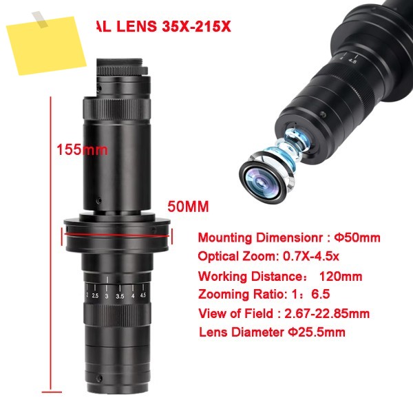 YIZHAN 조절 가능한 배율 35X-215X 현미경 렌즈 직경 50mm 0.7X-4.5X 광학 줌 C-마운트 인터페이스 12cm 카메라용 제품 이미지