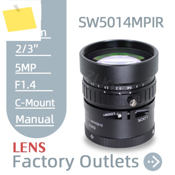 50mm SWIR 렌즈 750-100nm 단파 적외선 23'' C-마운트 F1.4 머신 비전 카메라 5MP 산업용 제품 이미지