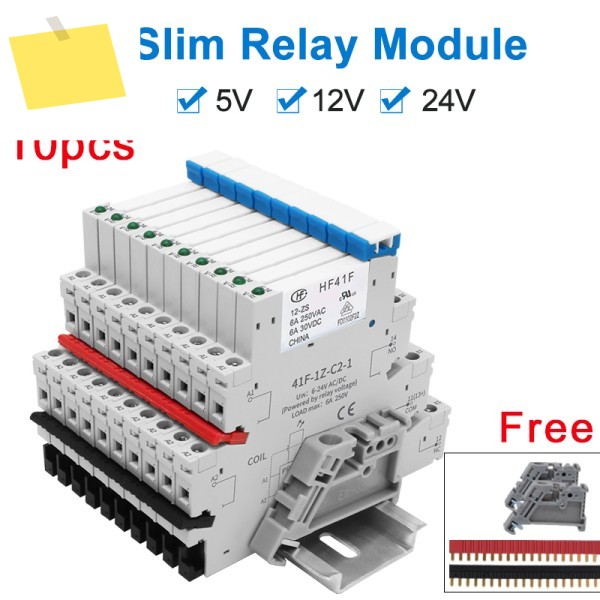 10개 DIN 레일 릴레이 5V 12V 슬림 모듈 HF41F LED 포함 6A 41F-5-ZS 30VDC 제품 이미지