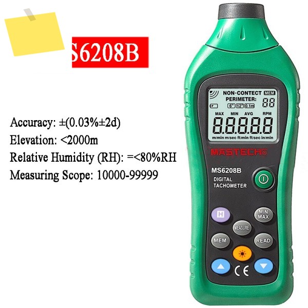 마스텍-MS6208B 회전 속도, 데이터 홀드, LCD 디스플레이, 접촉식, 디지털 타코미터, RPM 50-1999 제품 이미지