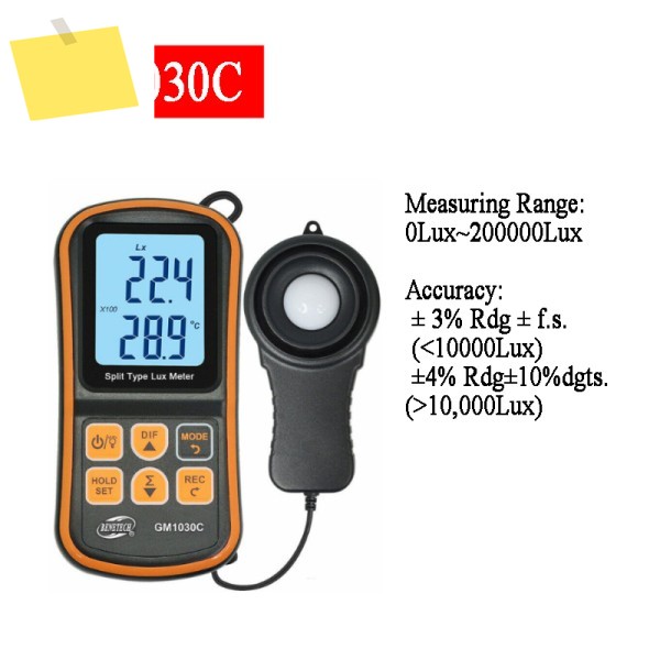 BENETECH GM1030C 미니 분할 유형 럭스 미터 암실 작동을 위한 Protable 디지털 디스플레이 조도계 화면 백라이트 제품 이미지