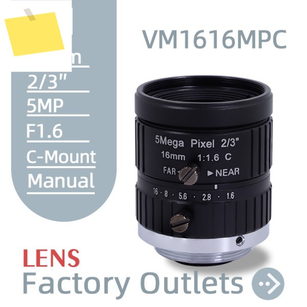 16mm 고정 초점 카메라 렌즈 C 마운트 23'' CMOS 센서 F1.6 수동 조리개 및 액세서리 왜곡 없는 산업용 5MP 제품 이미지