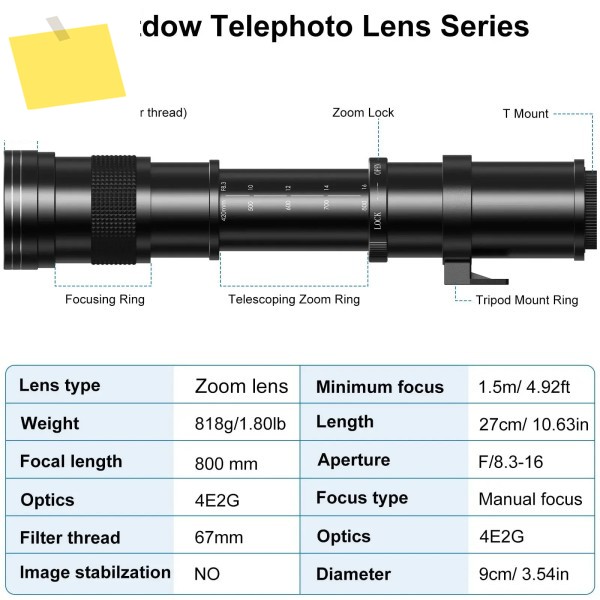 라이트도우 420-800mm f8.3 수동 줌 슈퍼 망원 렌즈 + T-마운트 풀 프레임 캐논 니콘 소니 후지 M43 펜탁스 L 제품 이미지