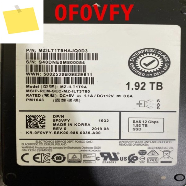 거의 새것 같은 SSD FR740 1.92TB 2.5인치 내부용 엔터프라이즈용 0F0VFY MZ-ILT1T9A PM1643 제품 이미지
