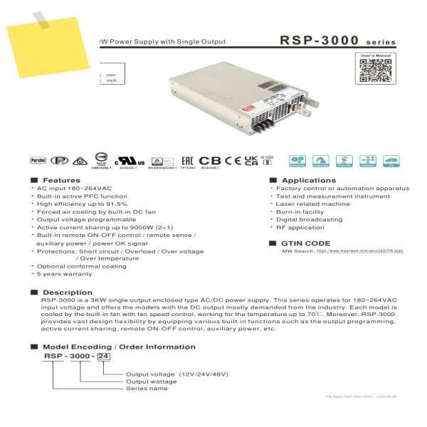 RSP-3000-12V MEAN WELL 고전력 스위칭 전원 공급 장치 2400W200A DC 전압 조정기 MW 제품 이미지