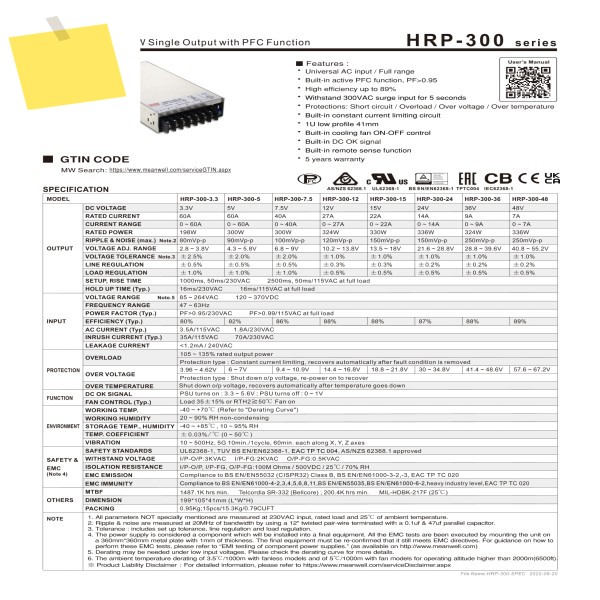 HRP-300 MEAN WELL PFC 기능이 있는 스위칭 전원 공급 장치 제품 이미지