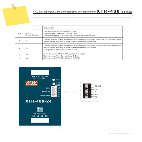 삼상 레일 장착형 스위칭 전원 공급 장치 MEAN WELL XTR-480 380 입력 480W12V24V36V48V TDR 대신 제품 이미지