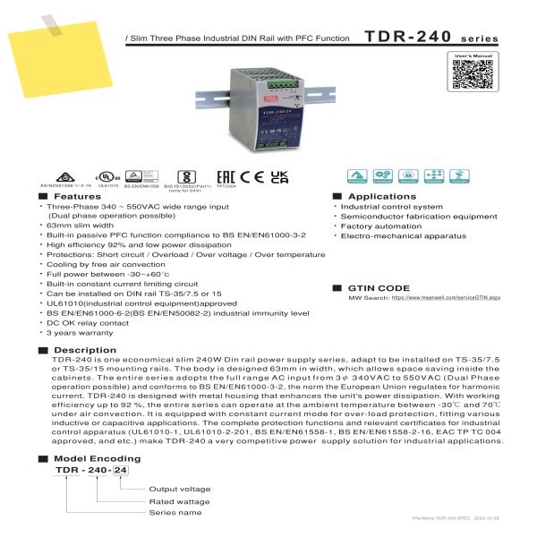 TDR-240-24 MEAN WELL PFC 기능을 갖춘 240W 초박형 삼상 산업용 가이드 레일 제품 이미지