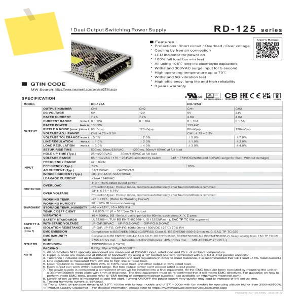 MEAN WELL RD-125 12V24V5 이중 2412 출력 스위칭 전원 공급 장치 제품 이미지