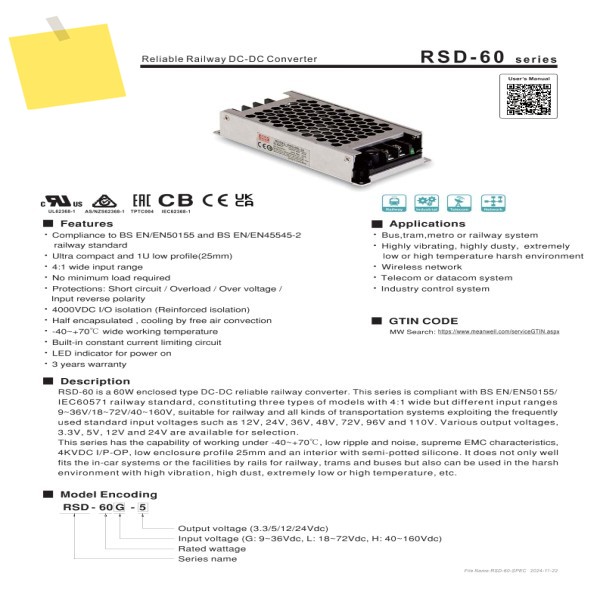 기존 MEAN WELL RSD-60 RSD-60H60L60G-1224 DC 스위칭 전원 공급 장치 60W 36V48V 회전 5V12V3.3 직류 제품 이미지