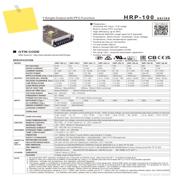 HRP-100 12V 8.5A MEAN WELL PFC 기능 스위칭 전원 공급 장치를 갖춘 단일 출력 제품 이미지