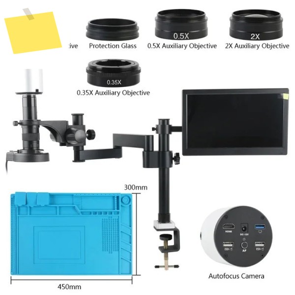 자동 초점 4K HDMI USB PC 측정 비디오 현미경 카메라 11.6인치 LCD 접이식 데스크탑 스탠드 56 조명 세트 납땜용 제품 이미지