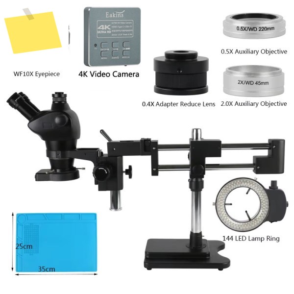 8X-50X 줌 Simul Focal 더블 붐 스탠드 스테레오 삼안 현미경 + PCB 납땜 수리용 0.5x 2.0x 렌즈 제품 이미지