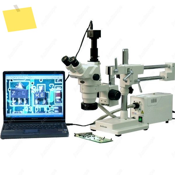 AmScope ZM-4 시리즈 삼안 실체 현미경 2X-225X, 더블 암 붐 스탠드+ 광섬유 링 라이트 + 8MP 카메라 포함 제품 이미지