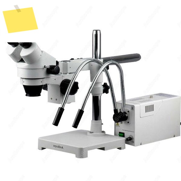 AmScope 쌍안 스테레오 현미경 3.5X-90X+ 150W 할로겐 듀얼 구즈넥 조명, 싱글 암 붐 스탠드 포함 제품 이미지