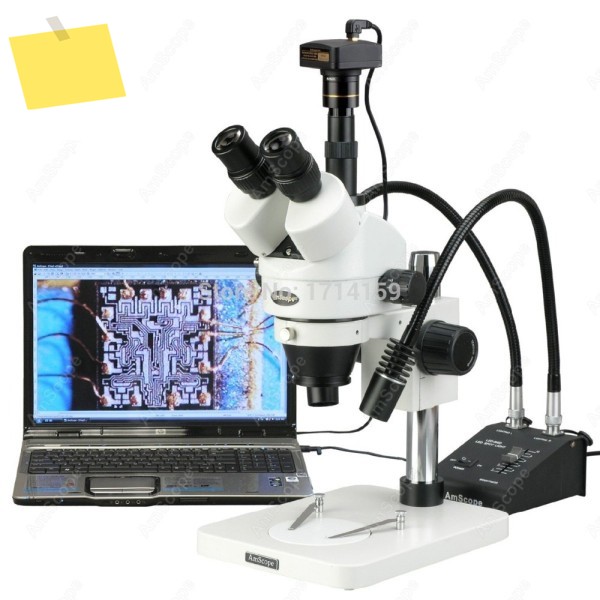 암스코프 디지털 줌 삼안 실체 현미경 3.5X-225X 필라 스탠드+ 구즈넥 LED 조명+ 8MP USB 카메라 포함 제품 이미지