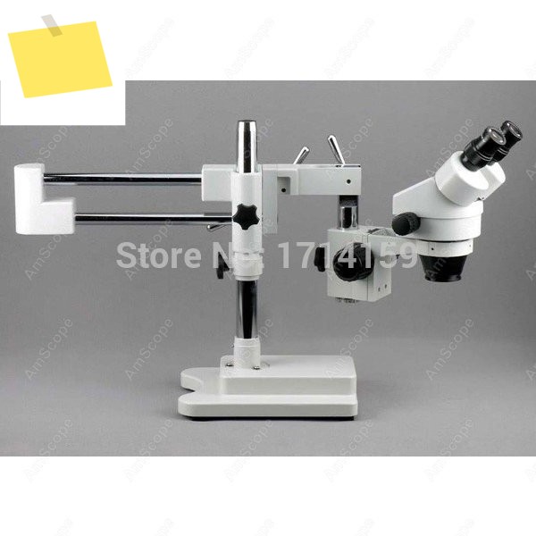 AmScope SM-4B 시리즈 쌍안 줌 스테레오 현미경 3.5X-90X+ 8W 형광 링 조명이 장착된 더블 암 붐 스탠드 제품 이미지