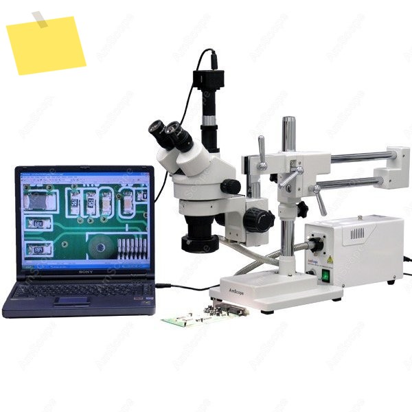 AmScope 줌 삼안 실체 현미경 3.5X-90X+ 150W 할로겐 링 라이트 + 5MP USB 2.0 카메라더블 암 스탠드 포함 제품 이미지