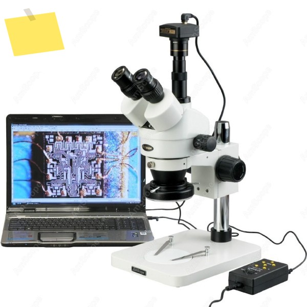 AmScope 줌 삼안 실체 현미경 3.5X-90X+ 멀티존 144 LED 및 3MP USB 2.0 카메라기둥형 스탠드 포함 제품 이미지