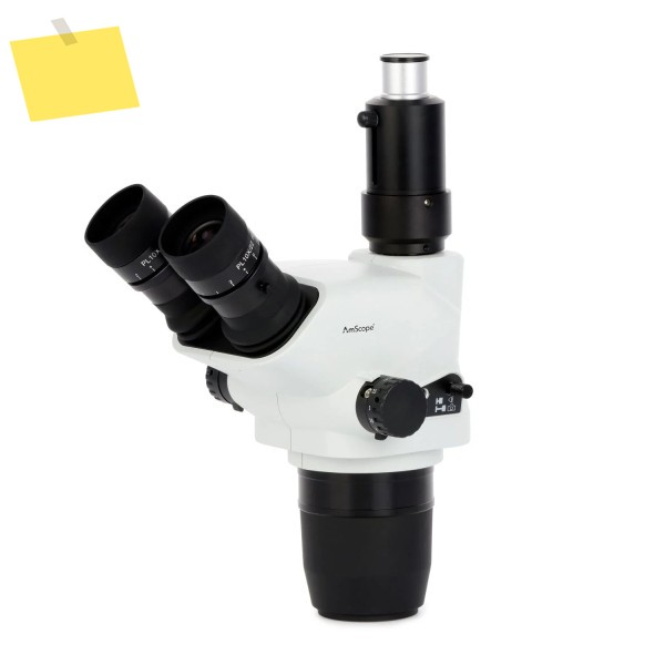 AmScope 6.7X-45X 삼안 줌 스테레오 현미경 헤드셔터 핀, 잠금 장치 및 클릭 정지 조정 포함 제품 이미지