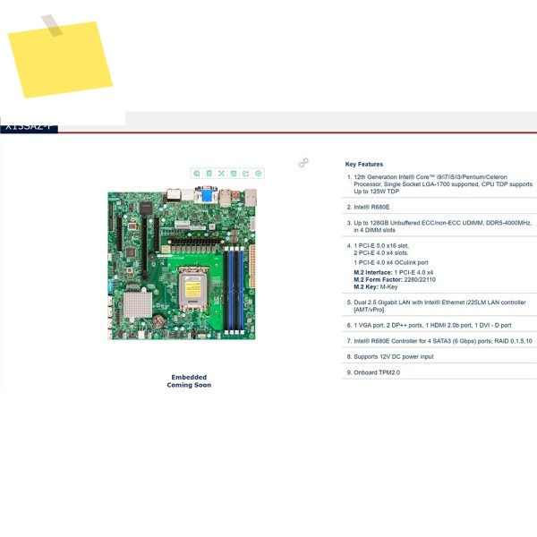 Supermicro 임베디드 마더보드용 X13SAZ-Q 12세대 코어 i9i7i5i3 LGA-1700 DDR5-4000MHz Q670E완전히 테스트됨 제품 이미지