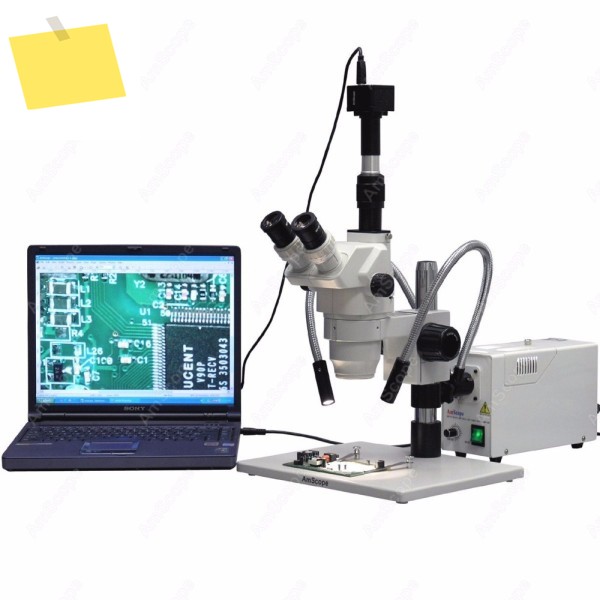 AmScope 줌 삼안 스테레오 현미경 2X-225X 기둥 스탠드 + 10MP 카메라 및 광섬유 듀얼 구즈넥 조명 제품 이미지