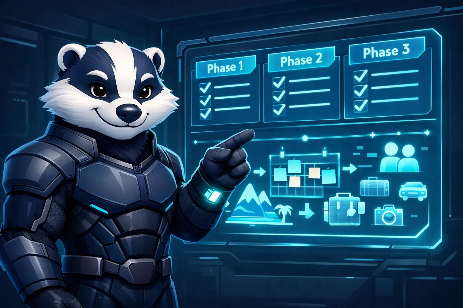 The Goalbadger mascot guiding a holiday Goal Map with phases, tasks, and collaborative planning in a high-tech dashboard.