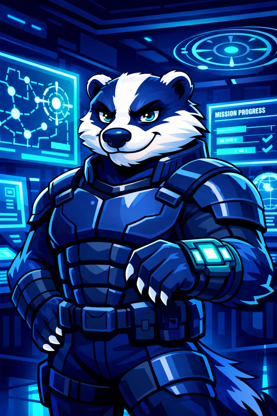 Goalbadger mascot in command center reviewing holographic goal maps and progress tracking displays