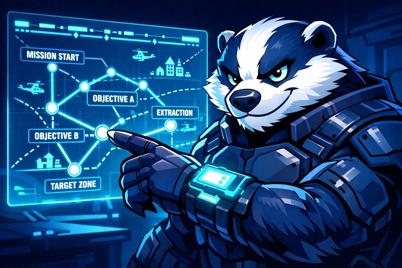 Goal planning visualization with Goalbadger mascot examining interconnected action plan nodes and timelines