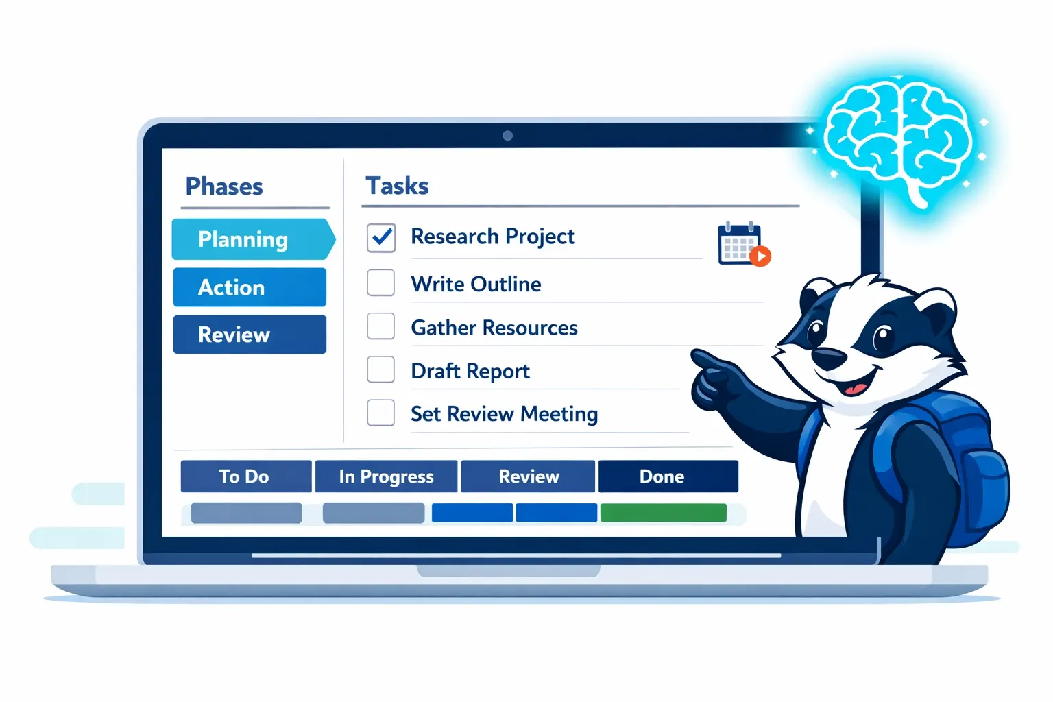 Goalbadger mascot coaching you through task initiation with a Goal Map on screen