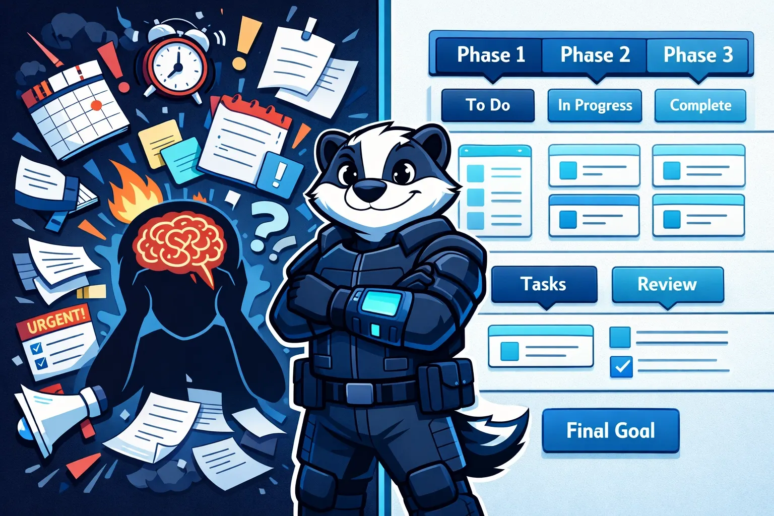 Brain overwhelmed by chaotic tasks versus organized with phase-based planning structure