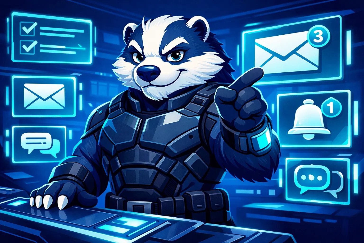 Productivity app notification center with Goalbadger mascot managing task alerts and reminders