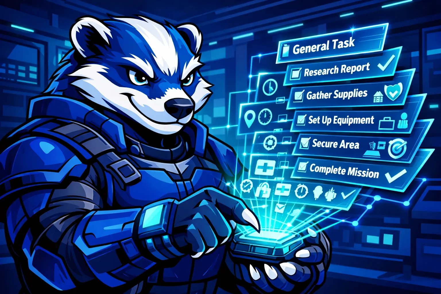 Goalbadger mascot breaking down task into detailed checklist using AI-powered planning system