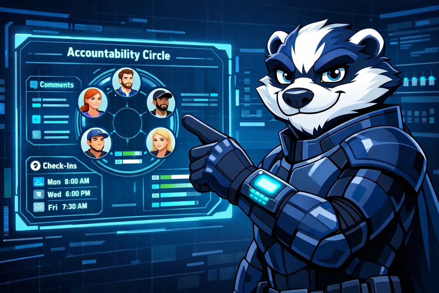 Goalbadger mascot mentoring a user with a holographic Goal Map and planning dashboard