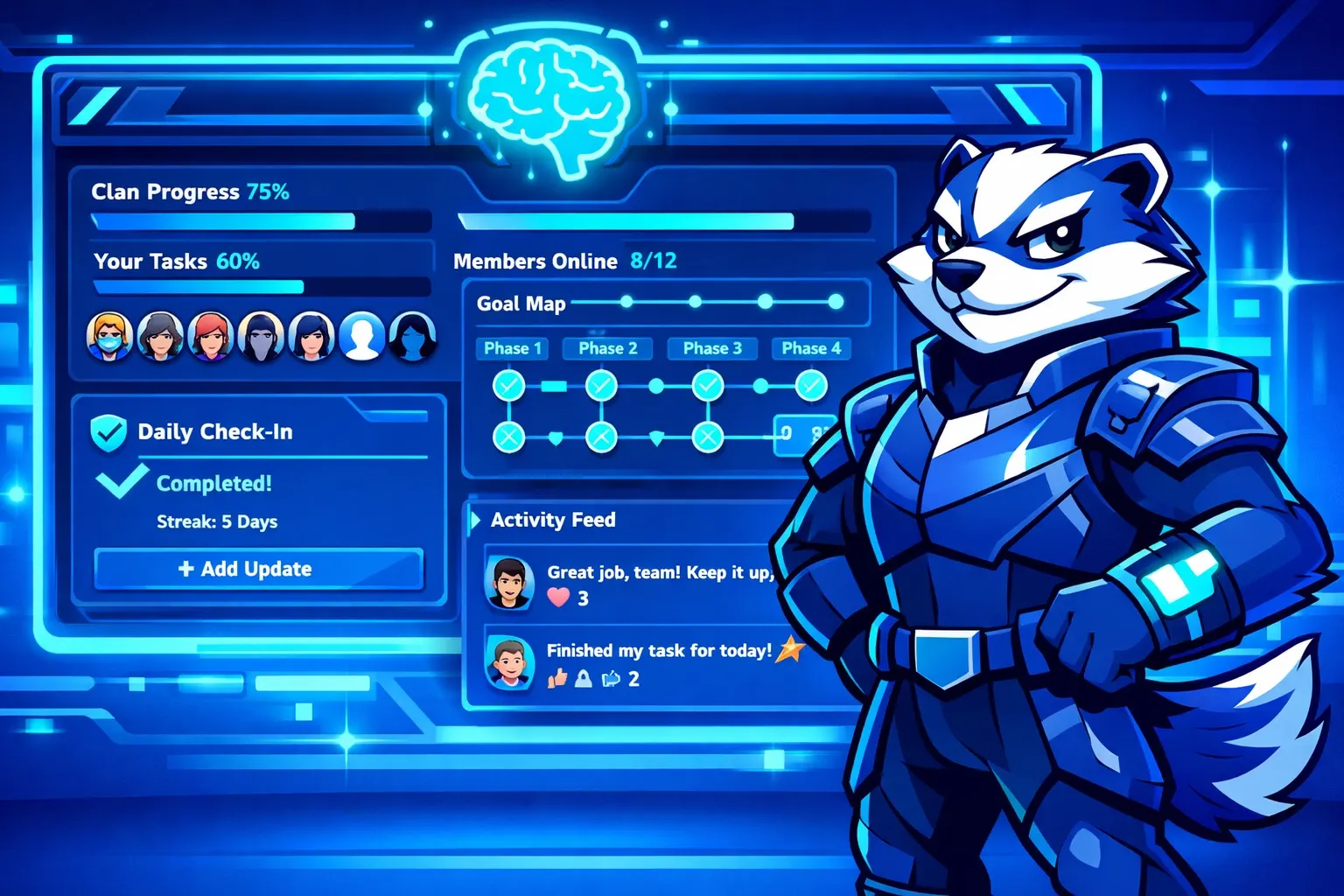 Goalbadger mascot beside a minimalist Clan check-in dashboard with progress bars (with glowing AI brain icon)