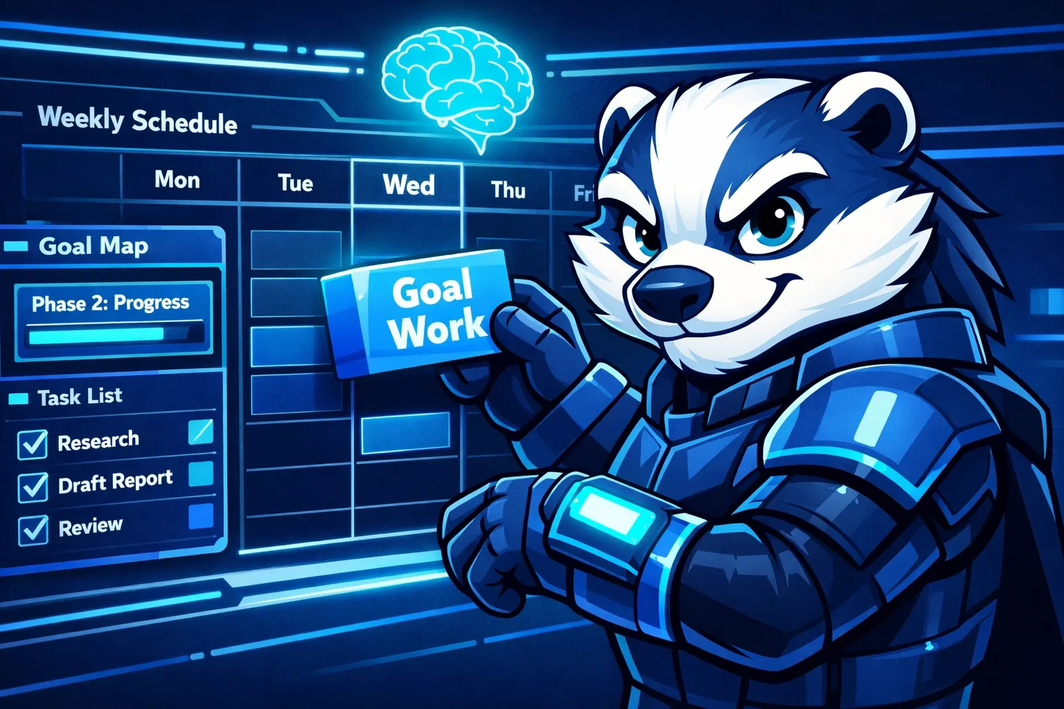 Goalbadger mascot snapping a "Goal Work" time block into a calendar (with glowing AI brain icon)