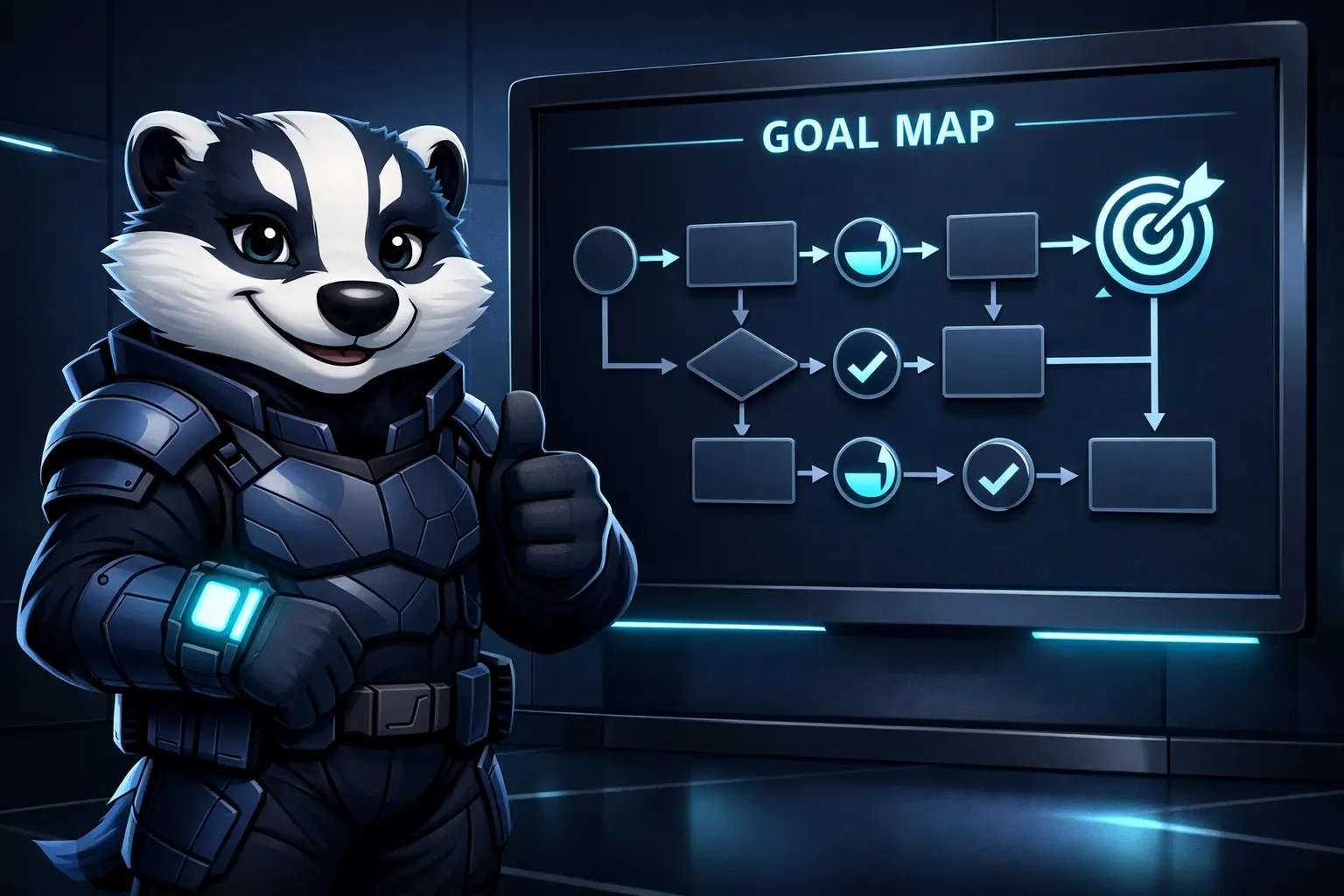 Mascot showing a completed action plan template on a sleek goal planning app with a thumbs up.