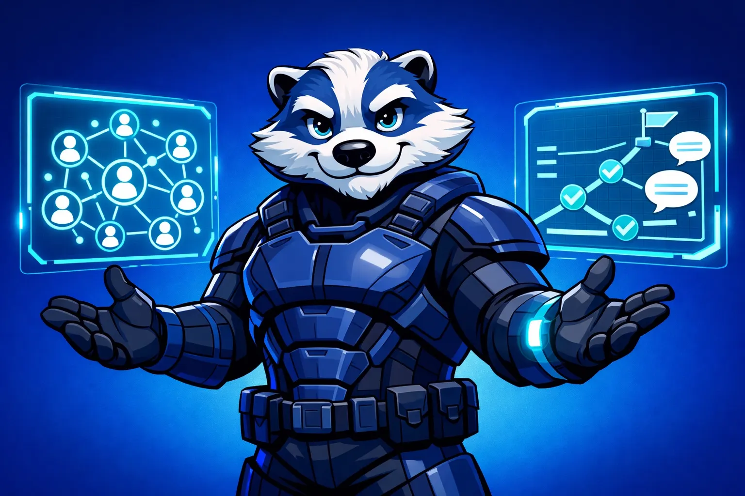 Goalbadger mascot explaining Circle access layer and Clans accountability system for group goal tracking