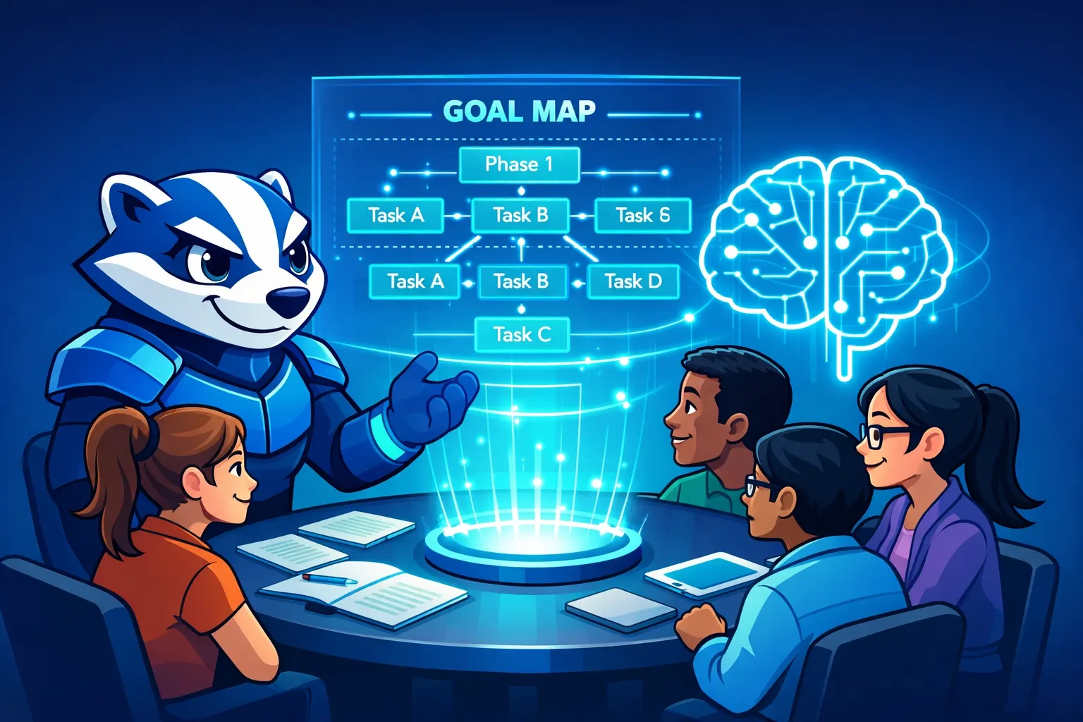 Supportive mascot guiding a team through an AI goal map in the Goalbadger accountability app.