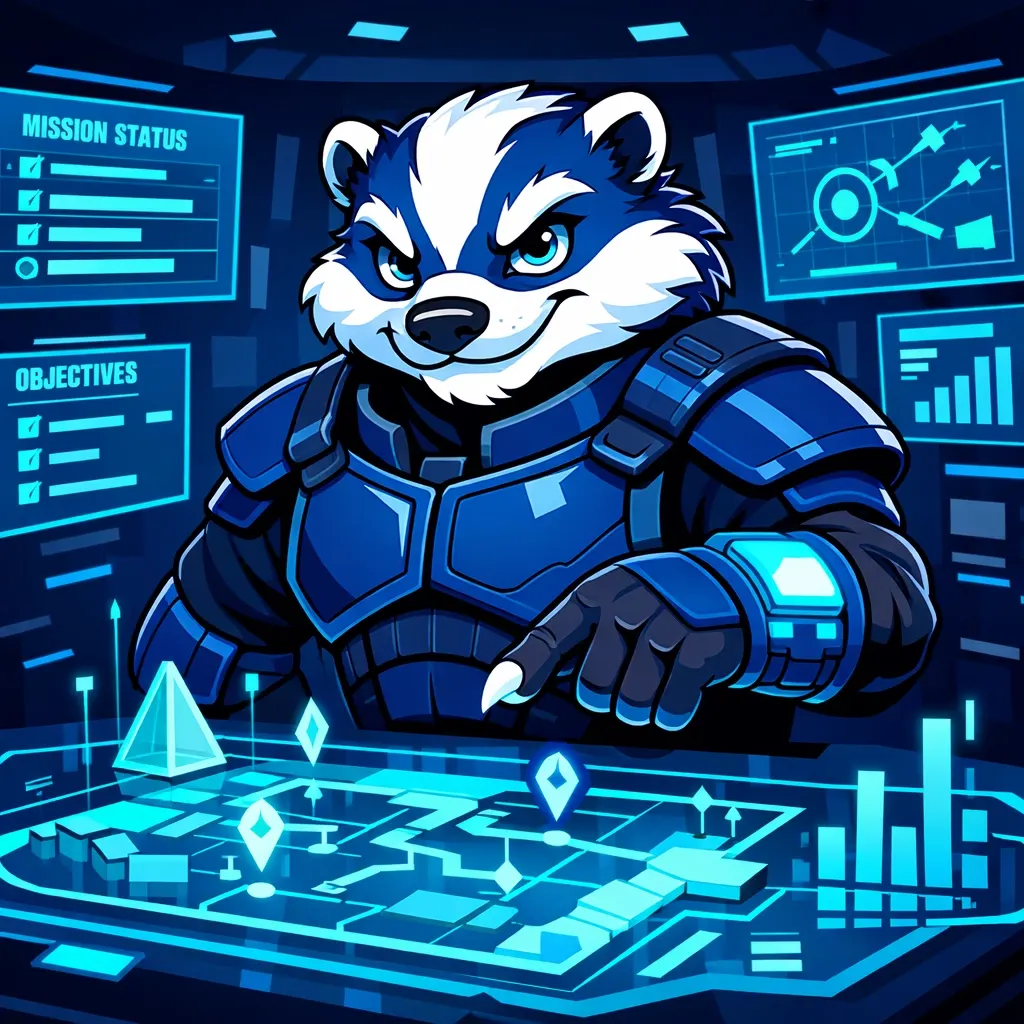 Goalbadger mascot analyzing goal progress at accountability command center