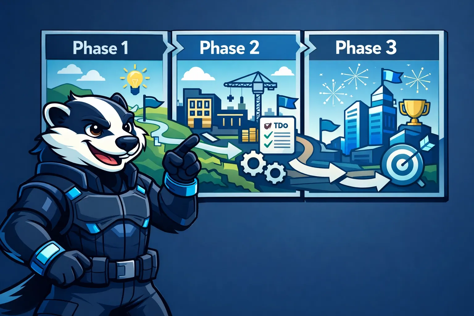 Phase-based planning map showing three goal sectors with Goalbadger mascot at phase one
